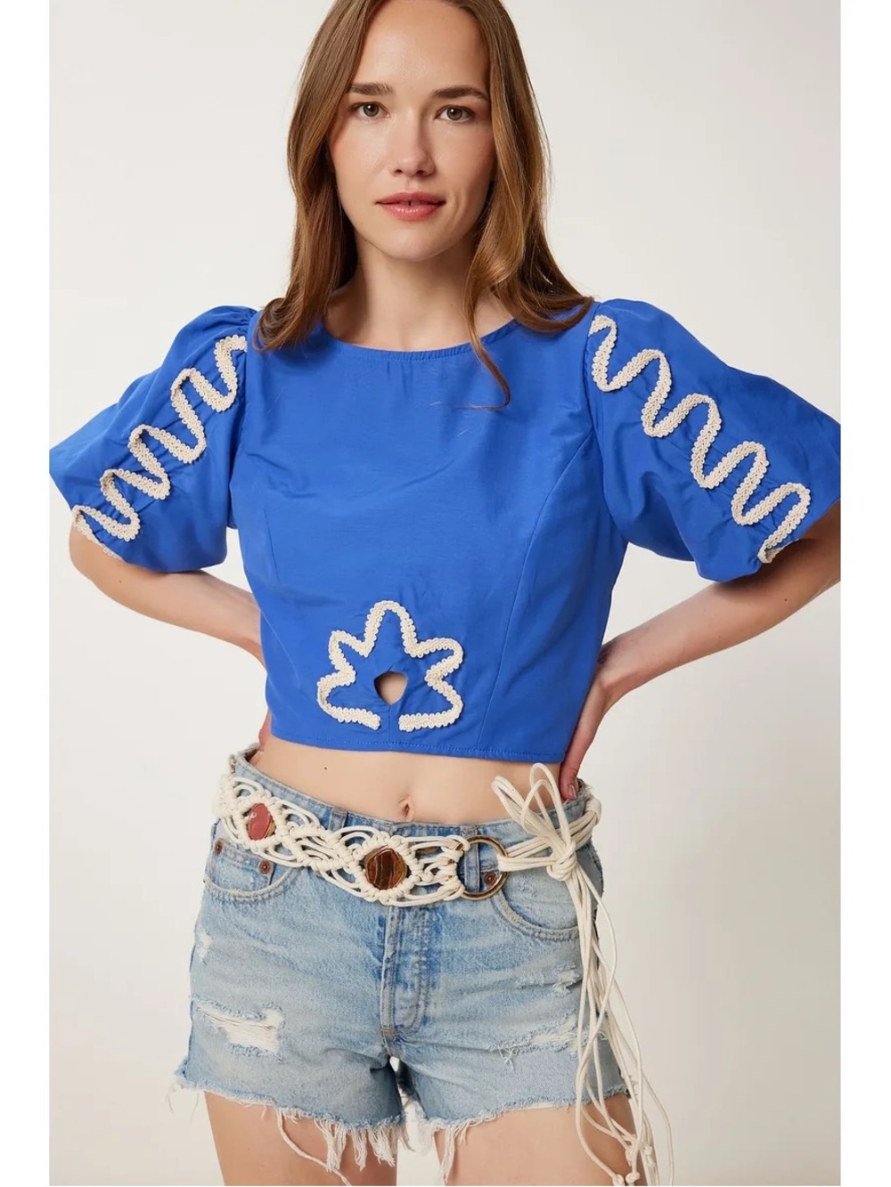 Bold Cobalt Puff-Sleeve Embroidered Crop Top